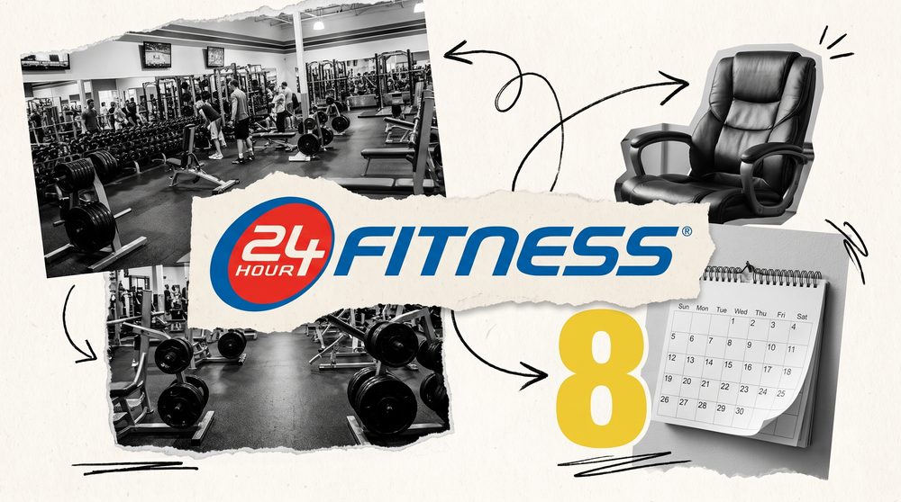 Editorial collage of the 24 Hour Fitness logo surrounded by black and white cutouts of a gym floor and a boardroom chair
