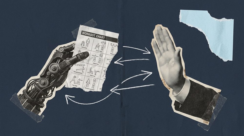 Editorial collage of a robotic hand offering a printed workout sheet beside a human hand extended in a high-five, representing AI programming versus human accountability