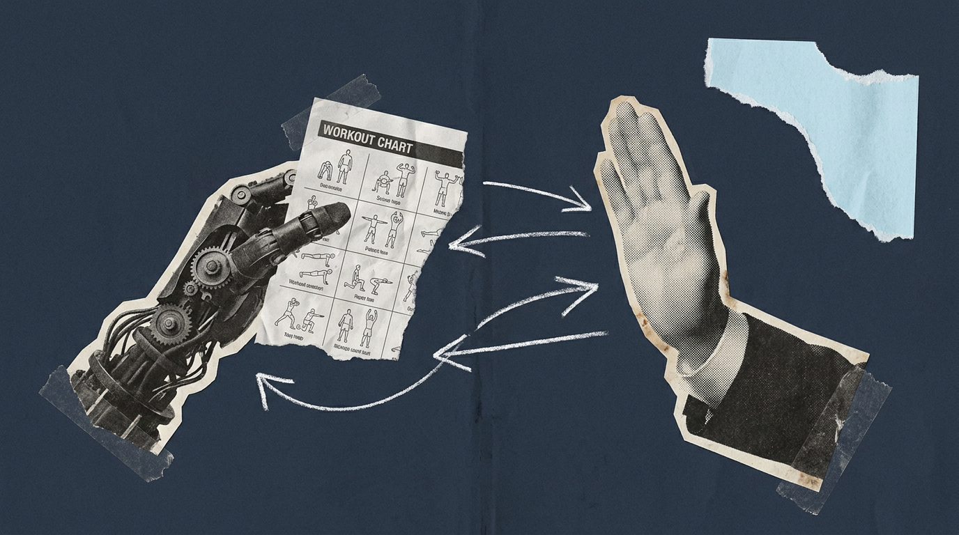 Editorial collage of a robotic hand offering a printed workout sheet beside a human hand extended in a high-five, representing AI programming versus human accountability