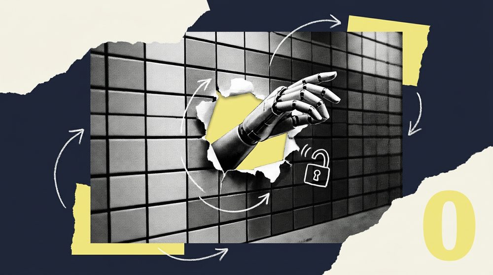 Editorial collage of a class booking grid with one reservation slot torn out, a robotic hand reaching through an open door in the grid