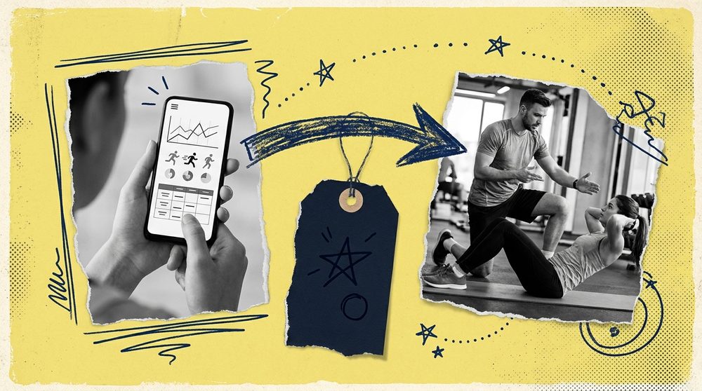 Editorial collage contrasting a smartphone coaching app with a human trainer on a gym floor, joined by a hand-drawn arrow and a butter price tag
