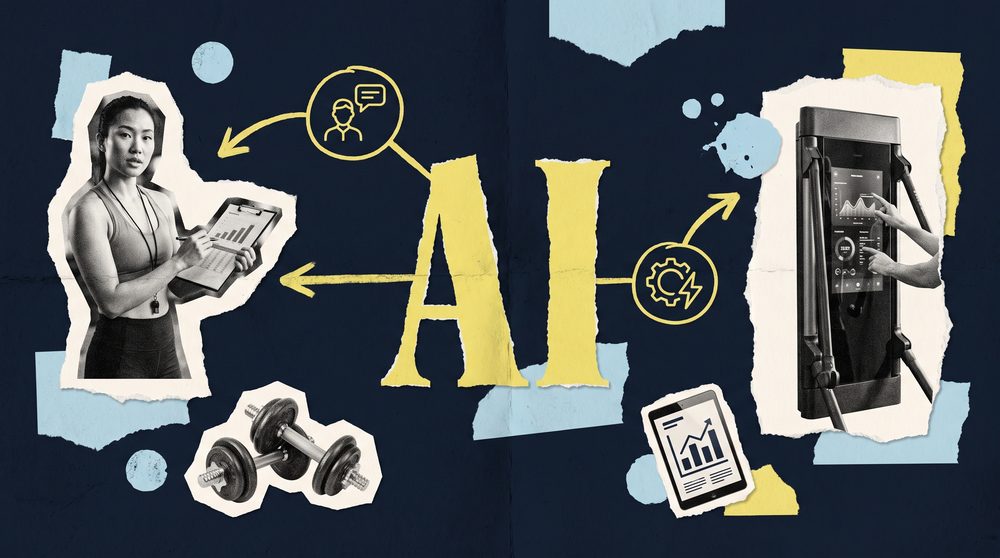 Editorial collage on a Deep Navy background with large butter-yellow letters reading AI at the centre, flanked by black and white photo cutouts of a trainer with a clipboard and a smart gym machine screen.