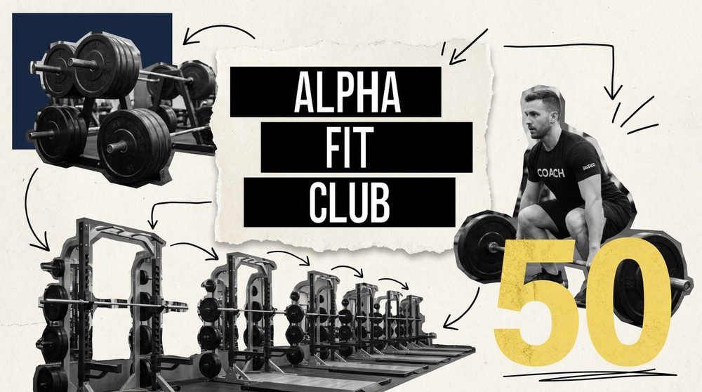 Editorial collage on the scaling of premium fitness franchises, with the Alpha Fit Club logo at the centre