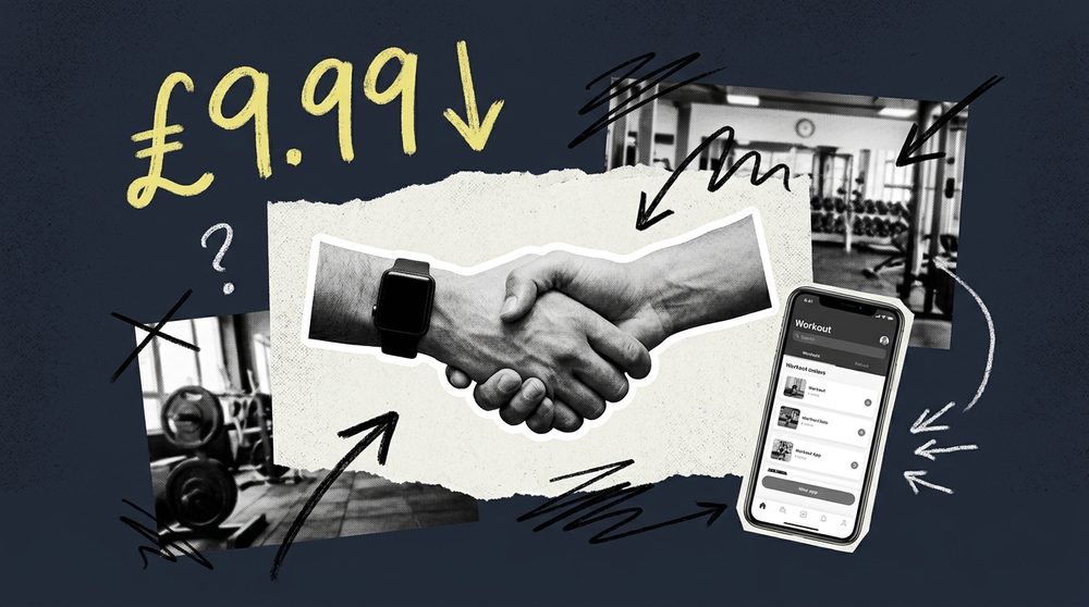 Apple Fitness+ and Anytime Fitness in an editorial collage with a handshake motif