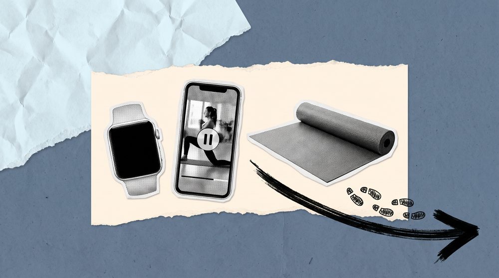 Editorial collage on a dusky slate blue ground, black-and-white cutouts of a smartwatch and a phone showing a paused workout video beside an empty yoga mat, with a hand-drawn arrow pointing out of frame.