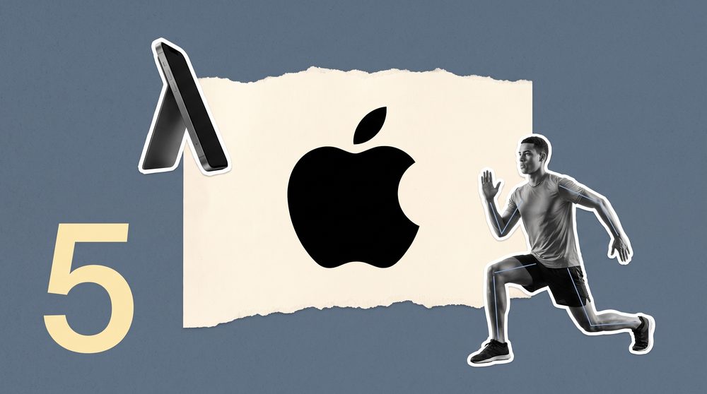 Editorial collage of a phone camera framing a figure mid-movement beside a printed exercise plan
