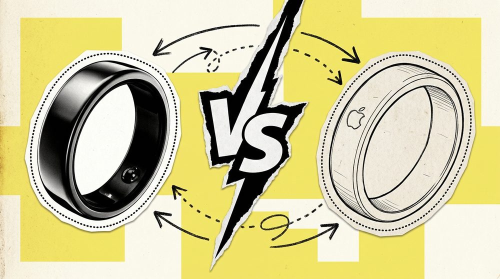 Apple iRing concept and Oura ring competing in editorial collage style