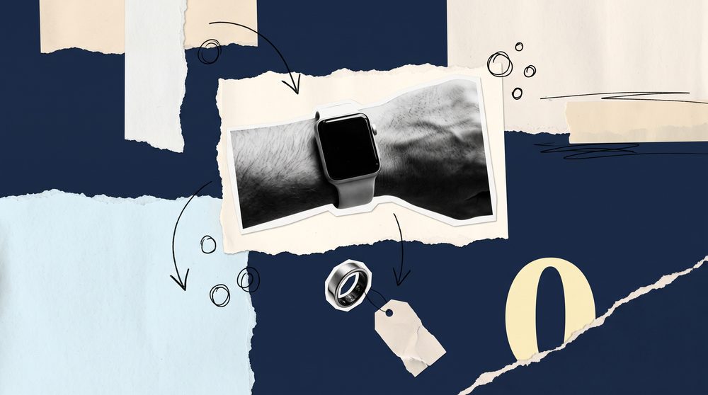 Editorial collage with a black-and-white cutout of a smartwatch on the wrist at the centre on torn cream paper, a smart ring and a price tag cut loose and falling away, hand-drawn downward arrows, and a large yellow zero.