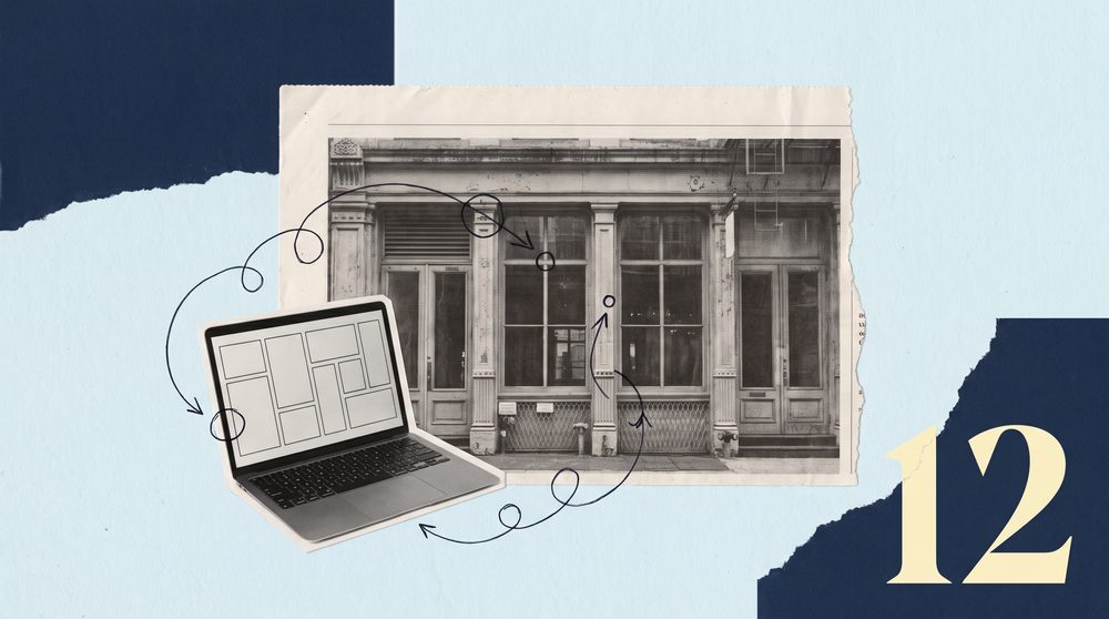 Editorial collage with a black-and-white cutout of a New York storefront at the centre on torn cream paper, a laptop showing a booking grid overlapping it, hand-drawn arrows connecting the two, and a large yellow 12 numeral.