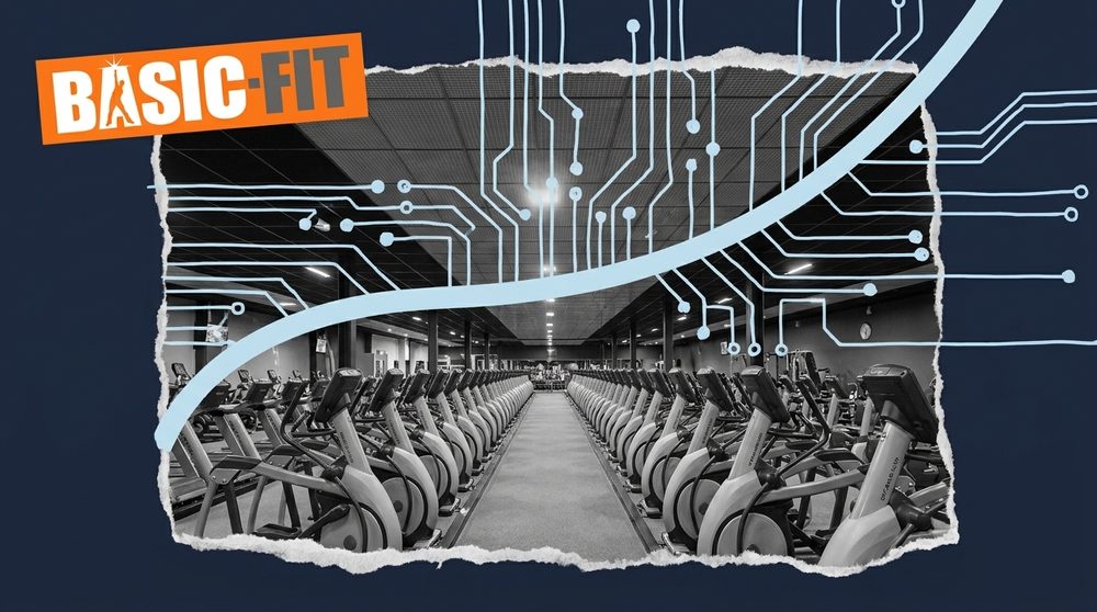 Editorial collage of a vast gym floor with data lines converging into a single rising efficiency curve