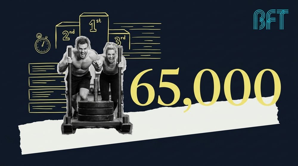 Black and white cutout of two athletes pushing through a workout on a deep navy background with a hand-drawn butter yellow podium sketch and leaderboard elements