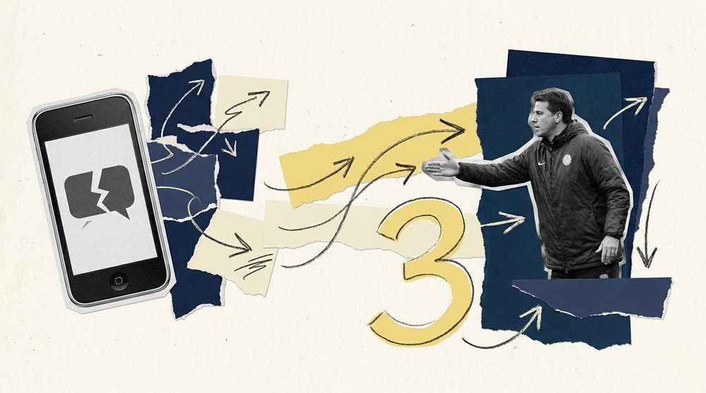 Editorial collage of a smartphone with a chat bubble beside a human coach figure extending a hand, hand-drawn connectors, navy, butter and cream palette