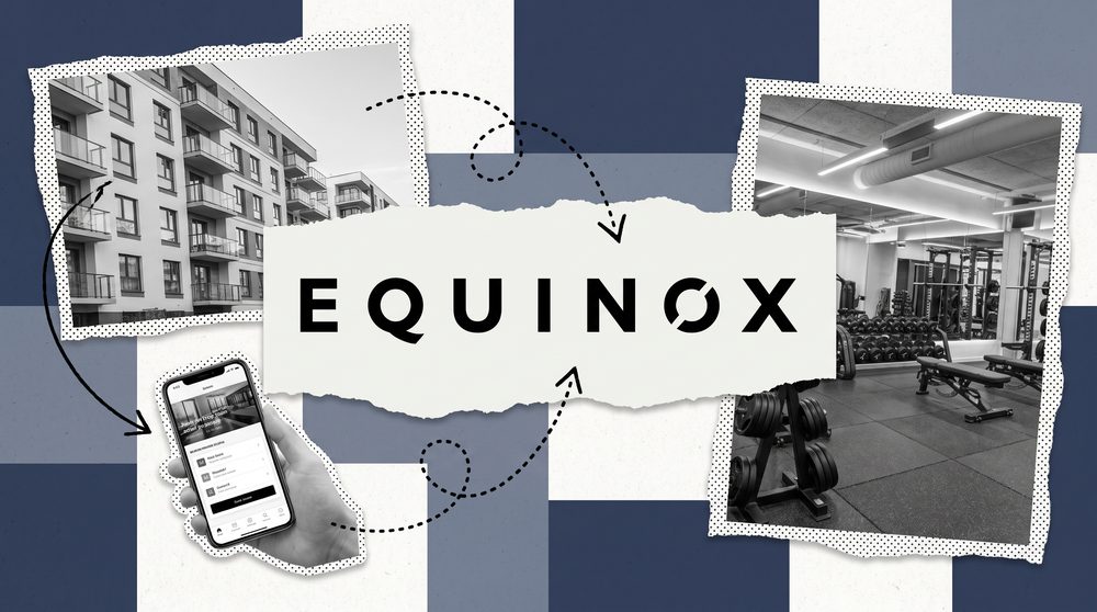 Editorial collage with the Equinox logo centred on a torn white paper shape, surrounded by black and white cutouts of a phone, an apartment building and points iconography
