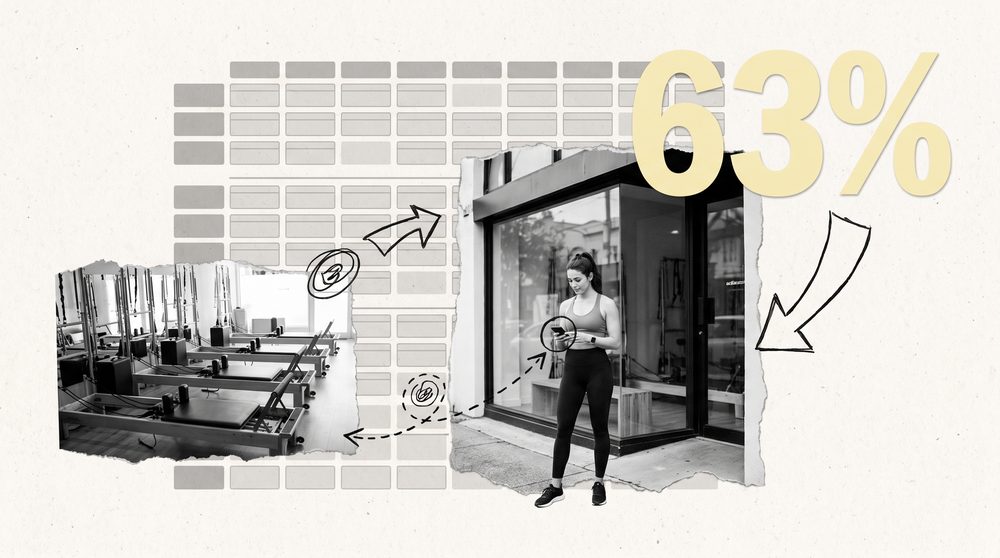 Editorial collage of a boutique studio class timetable with a large butter-yellow 63% numeral
