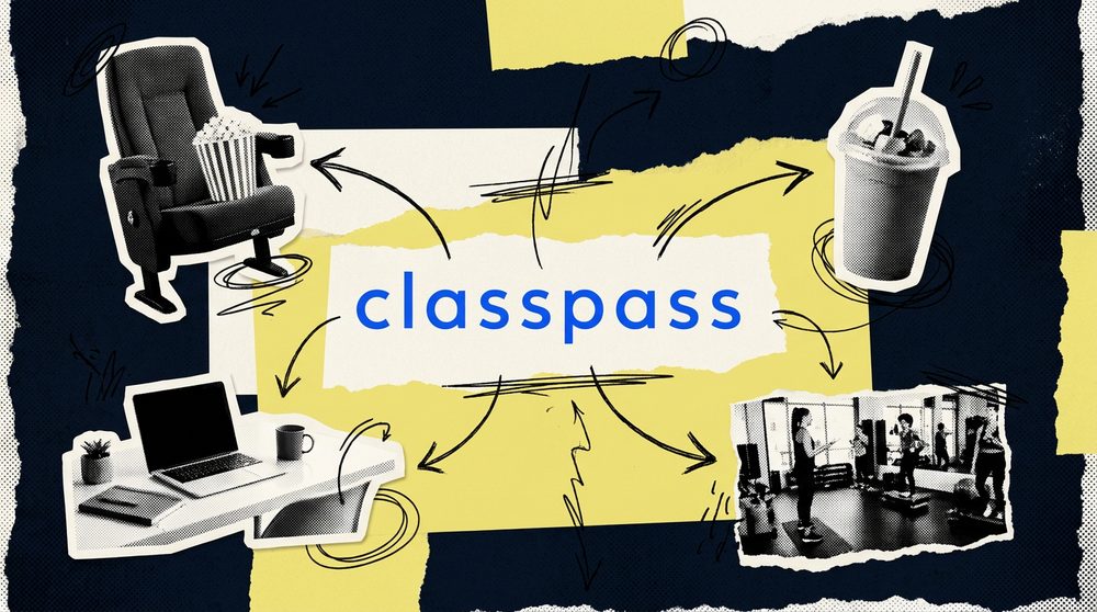 Editorial collage of the ClassPass wordmark at center with hand-drawn arrows branching to a movie seat, a smoothie, a coworking desk and a fitness class
