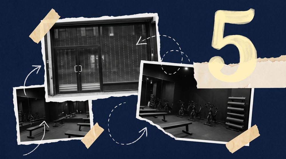 Editorial collage on deep navy showing an empty boutique fitness studio with a shuttered door