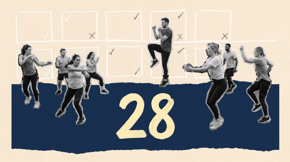 Editorial collage with a cream ground and deep navy band showing a group fitness class and a calendar grid