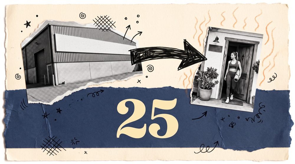Editorial collage on a warm cream ground with a deep navy band, black-and-white cutouts of a big budget gym and a small yoga studio doorway joined by a hand-drawn arrow, and a large pale yellow 25.