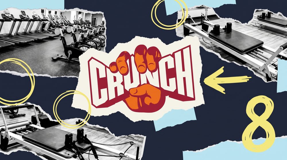 Editorial collage on a Storm background with the Crunch Fitness logo as the central element, surrounded by black and white photo cutouts of a gym floor and a map of the Bay Area.