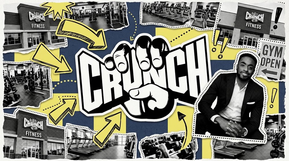 Gym franchise floor and leadership change imagery in editorial collage style