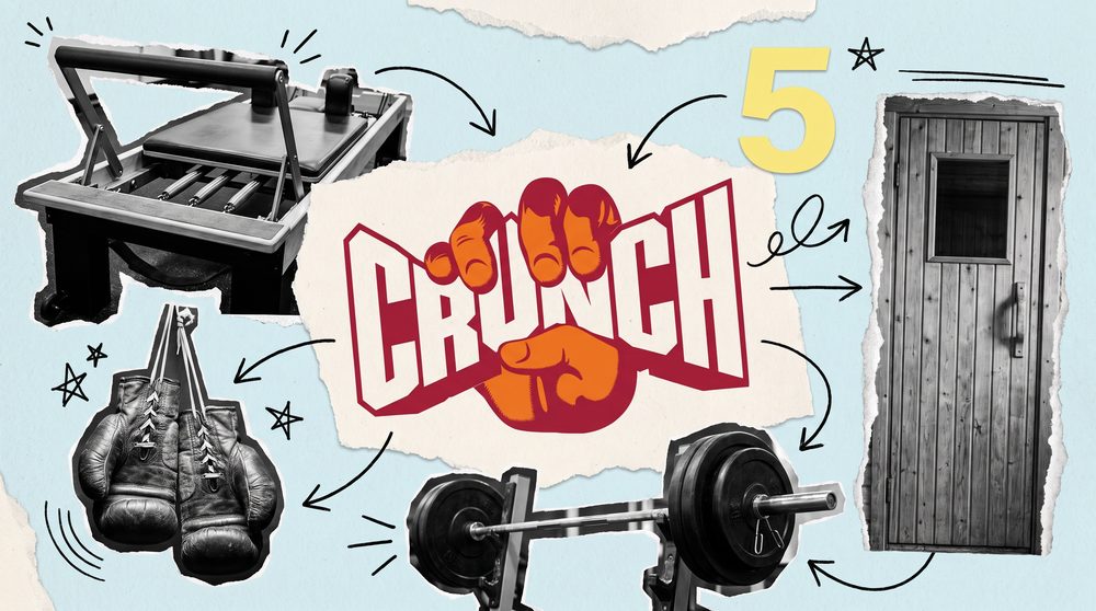 Editorial collage of the Crunch Fitness logo surrounded by black and white cutouts of a reformer, boxing gloves and a sauna