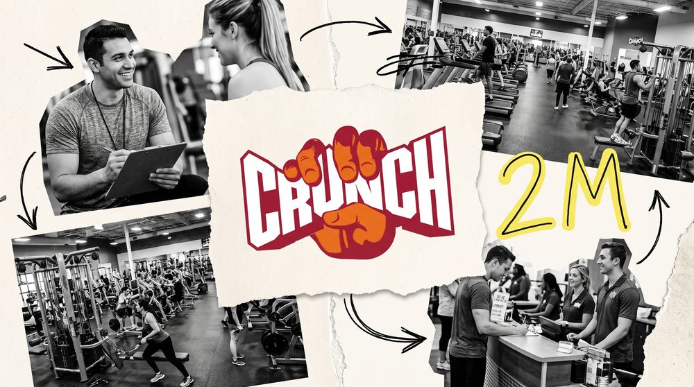 Editorial collage of the Crunch Fitness logo surrounded by black and white cutouts of a trainer and a sign-up desk