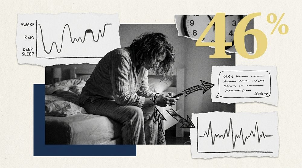 Editorial collage of a person surrounded by health data readouts and chat interfaces, in black and white with butter-yellow accents