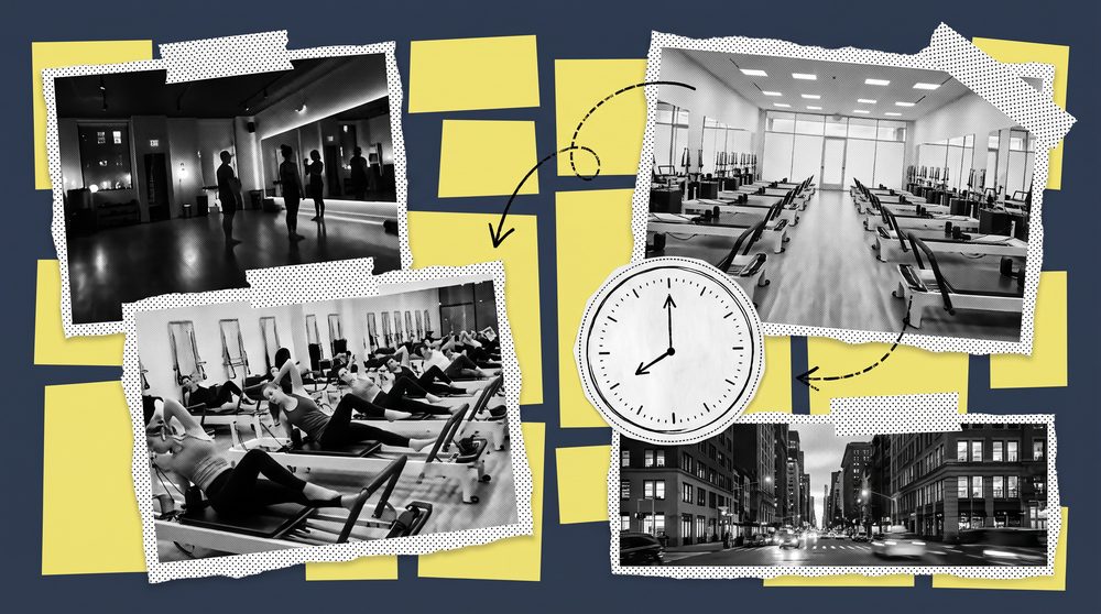 Editorial collage of a boutique studio at night, a clock reading 8pm, and a rising bookings line in butter yellow
