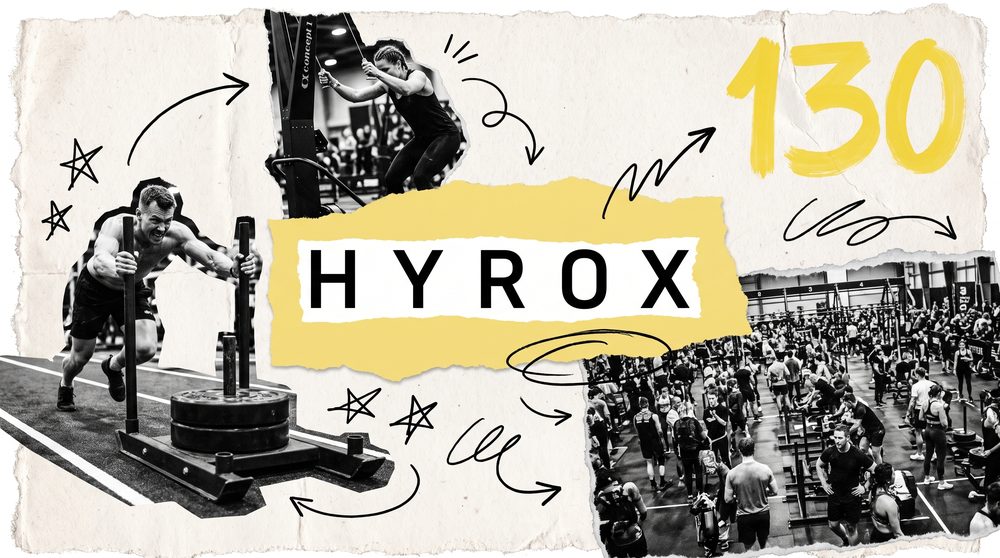 Editorial collage of the HYROX logo surrounded by black and white cutouts of a sled push and a gym floor