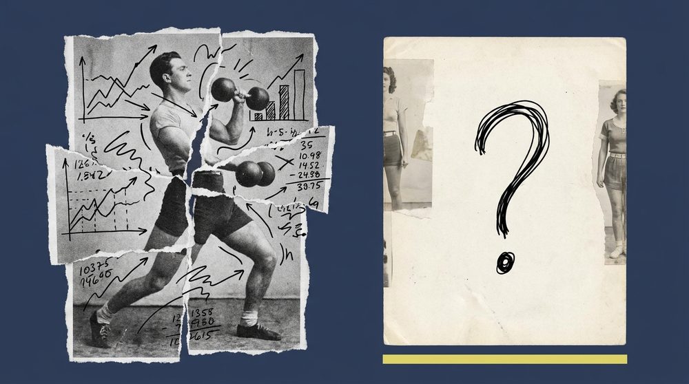 Editorial collage contrasting a data-dense male figure with a near-blank female figure marked by a question mark