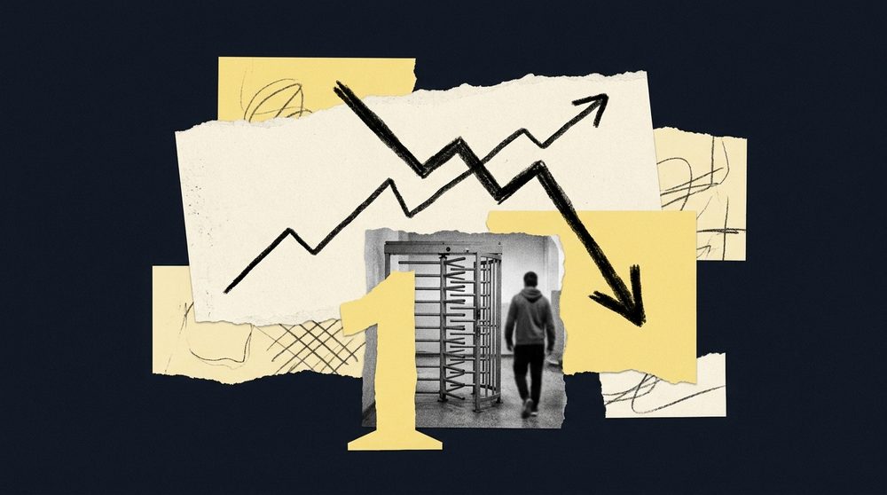 Editorial collage of a rising bar chart with a single falling line drawn through it, gym turnstile cutout, torn paper in navy, butter and cream