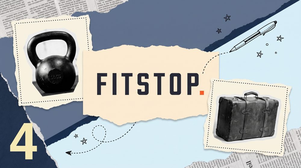 Editorial collage split between dusky slate blue and pale ice blue, the Fitstop logo at the centre on torn cream paper, black-and-white cutouts of a kettlebell and a vintage suitcase, a hand-drawn flight path arrow, and a large pale yellow 4.