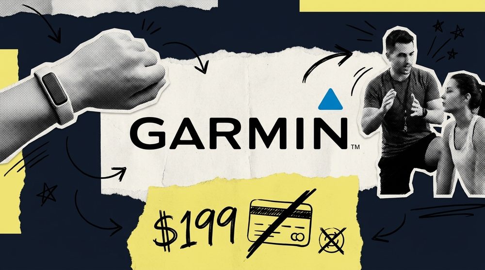 Editorial collage of a screen-free fitness band and a coaching scene framed by hand-drawn arrows and a slashed subscription card