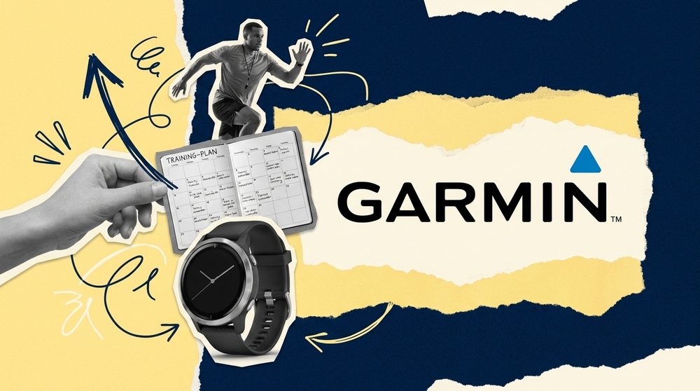 Editorial collage of a wrist wearable, a training calendar and a coach figure connected by hand-drawn lines, torn paper layers in navy, butter and cream