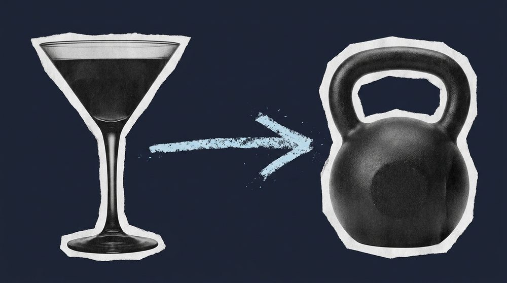 Editorial collage of a cocktail glass silhouette transforming into a kettlebell shape, torn paper texture