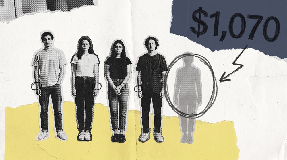 Editorial collage of five cutout figures wearing trackers with one figure faded out, beside a large annual spend figure
