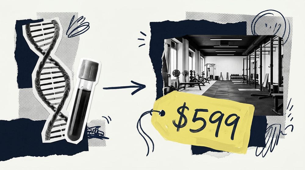 Editorial collage of a DNA double helix and a blood vial connected by a hand-drawn navy arrow to a boutique gym floor, with a large butter price tag reading 599 dollars