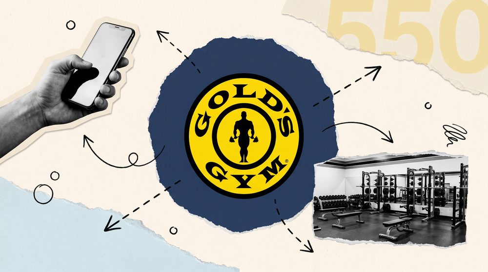 Editorial collage with the Gold's Gym logo as the central hero element on a torn cream paper shape, surrounded by black-and-white cutouts of a phone screen and an empty gym floor, with hand-drawn arrows pointing outward and a large yellow 550 numeral.