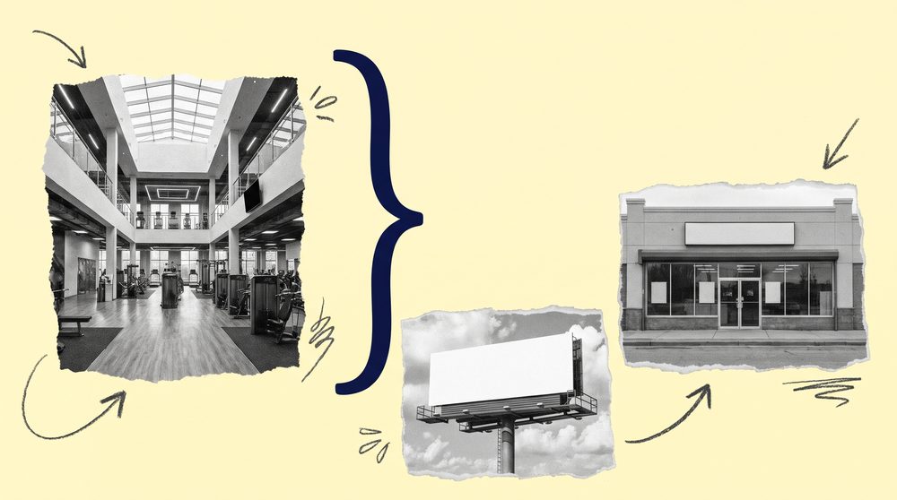 Editorial collage contrasting a large premium health club with a budget gym storefront, with a hand-drawn percentage gap between them