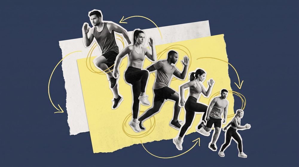 Editorial collage of a torn paper chart with two competing percentage figures, one faded and one sharp, over black and white cutouts of gym members