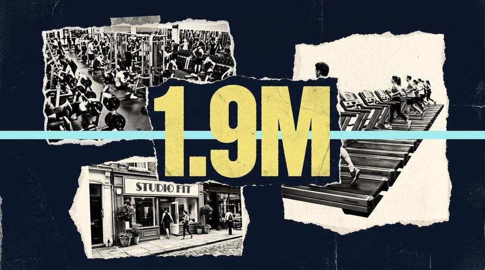 Editorial collage on a Deep Navy background with a large Butter numeral reading 1.9M, surrounded by black and white photo cutouts of a busy gym floor and a flat line graph.