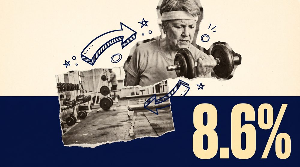 Editorial collage on a warm cream ground with a navy band and the figure 8.6%, the growth rate of gym members aged 65 and over