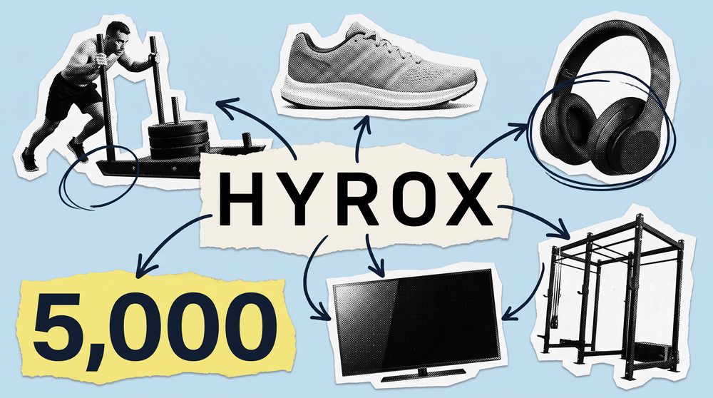 Editorial collage on a light Ice Blue background with the HYROX logo as the central element, surrounded by black and white photo cutouts of an athlete pushing a sled, a running shoe, headphones and a gym rig connected by hand-drawn arrows.