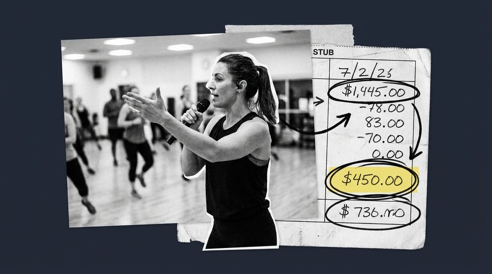 Fitness instructor leading a boutique studio class, illustrating the debate over instructor pay structure