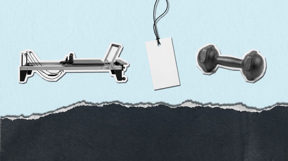 Editorial collage of a Pilates reformer and a gym membership price tag