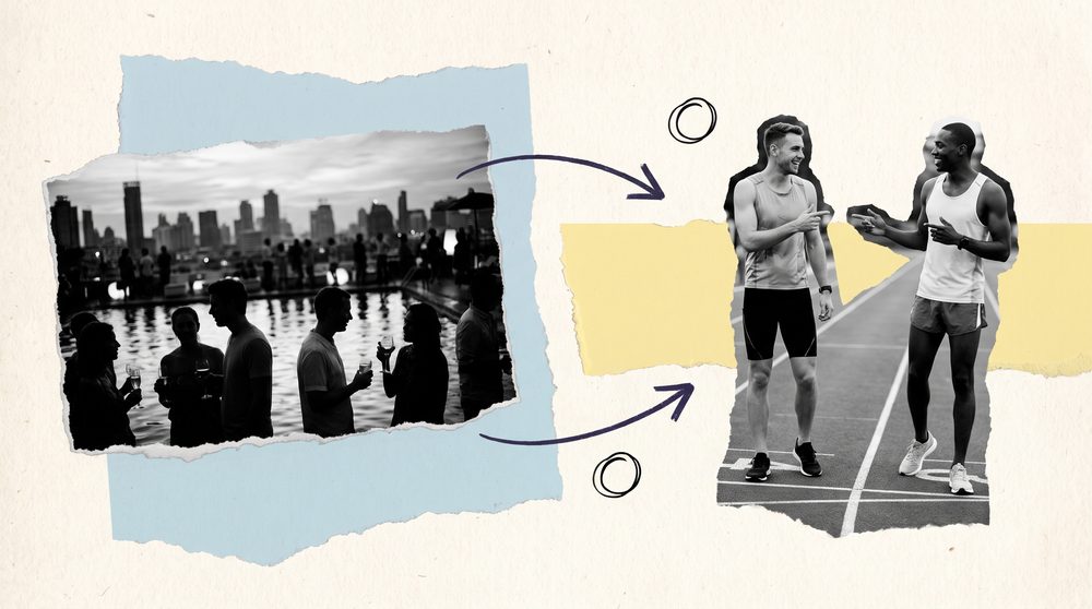Editorial collage of a rooftop gym social event and a race start line, no numeral