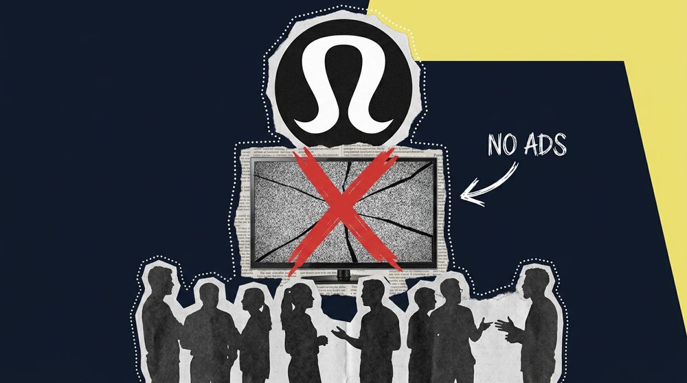 Lululemon no-ads brand strategy editorial collage