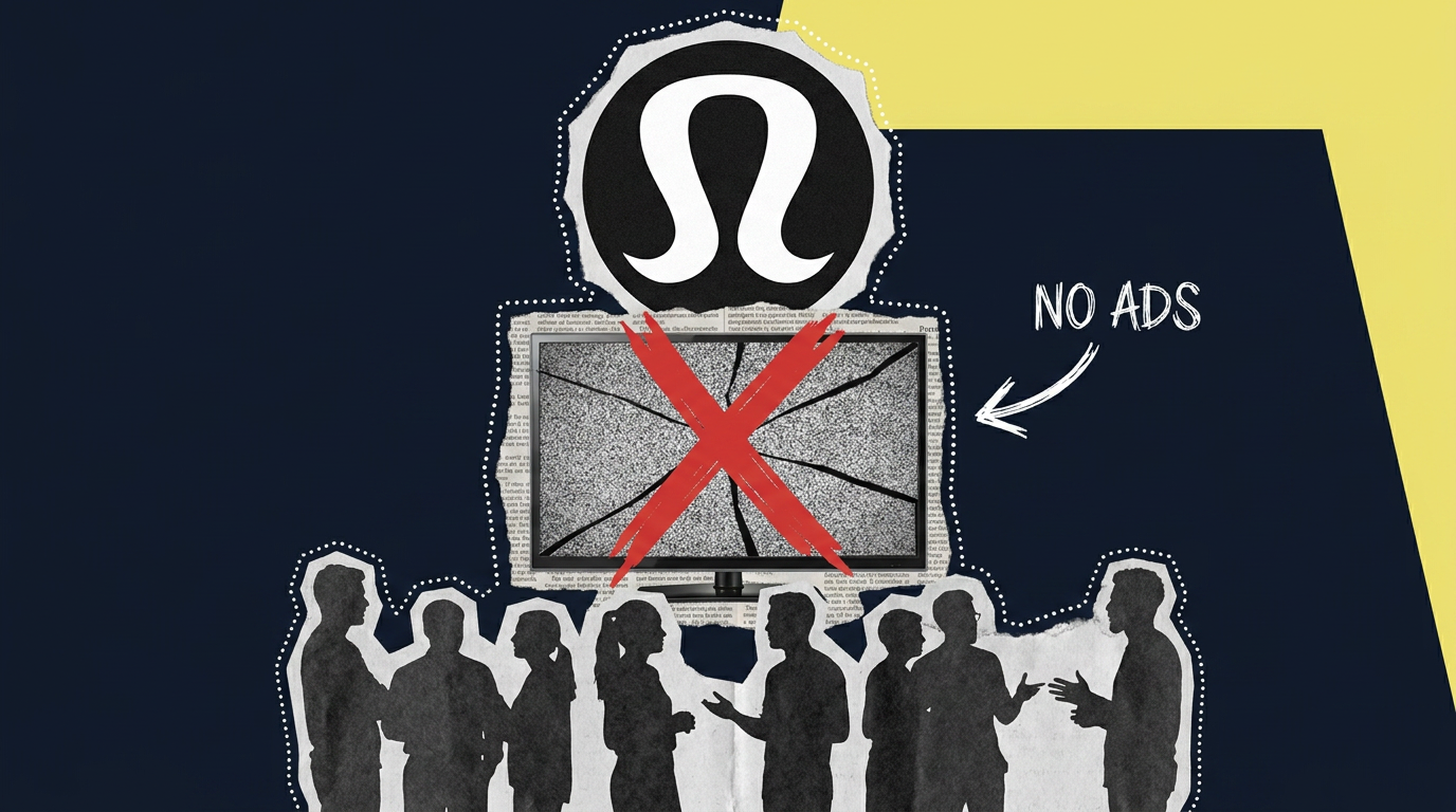 Lululemon no-ads brand strategy editorial collage