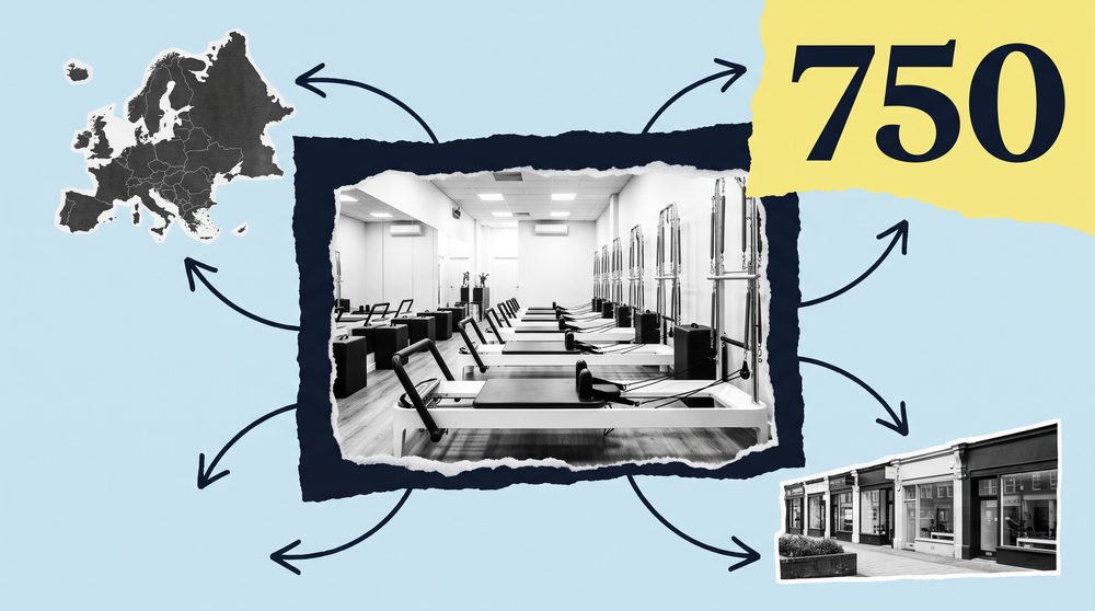 Editorial collage on an Ice Blue background with black and white photo cutouts of a Pilates reformer studio and a world map, connected by hand-drawn arrows in navy.