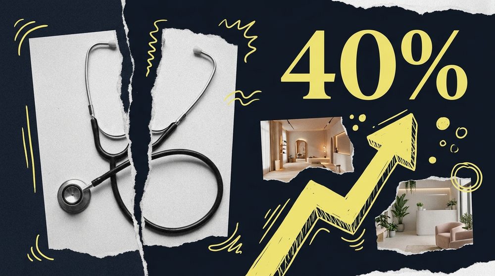 A cracked medical cross beside a rising line leading to boutique studio and longevity clinic cutouts, editorial collage
